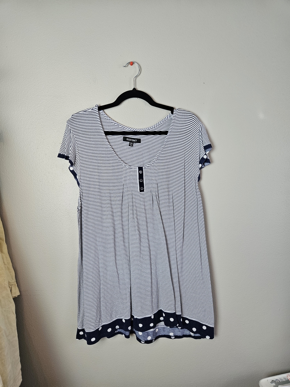 Ellen Tracy Navy & White Striped Short Sleeve Tunic with Polka-Dot Hem